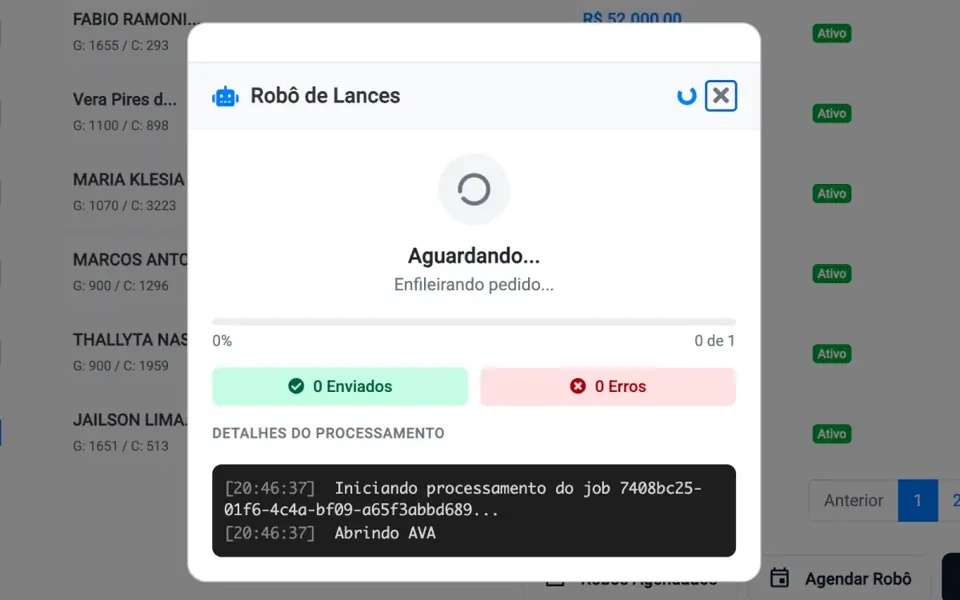 Robô de lances em lote no SAGA CRM