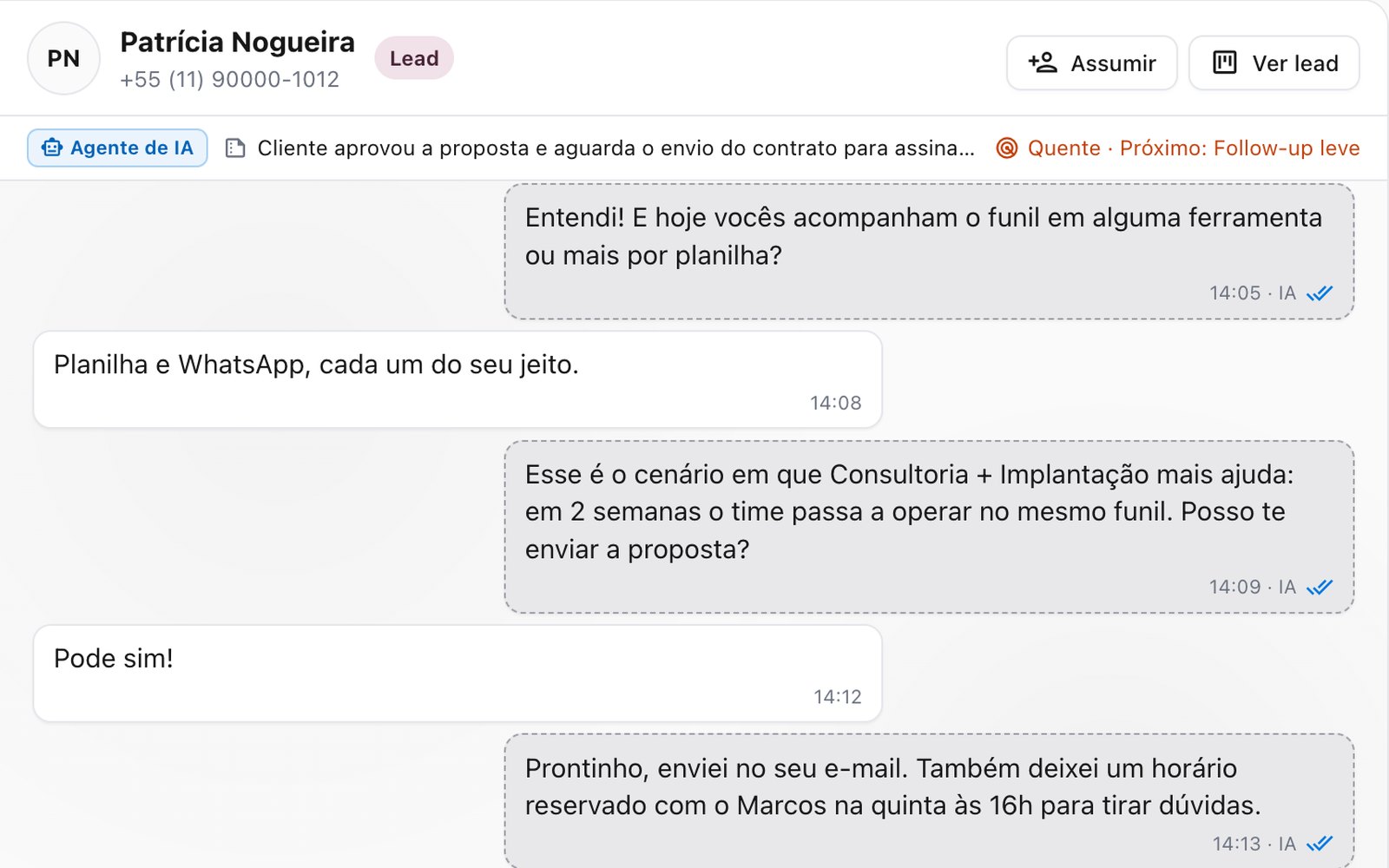 Tela do agente de vendas com IA no Saga CRM