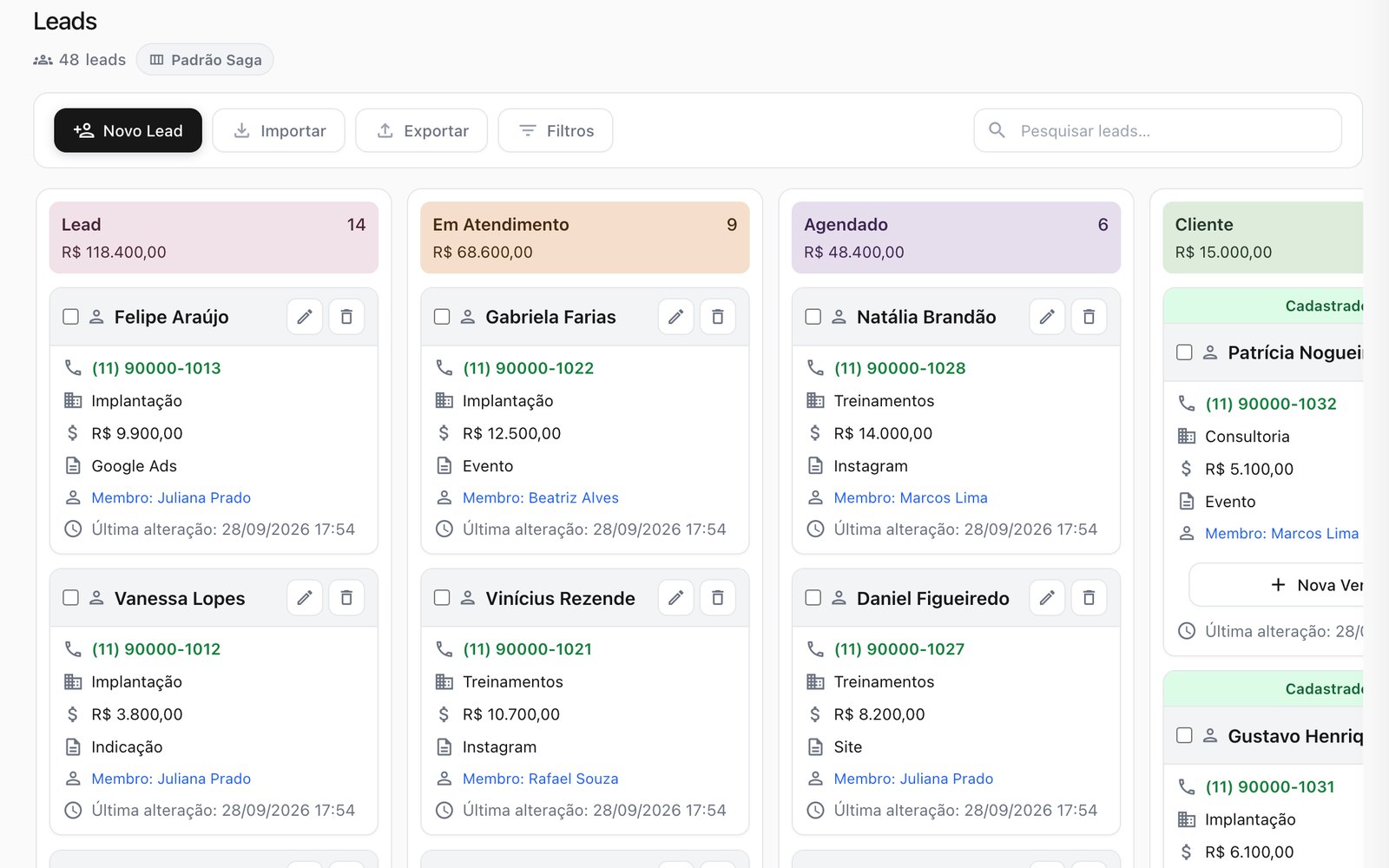 Tela do CRM de gestão e mapa de vendas no Saga CRM
